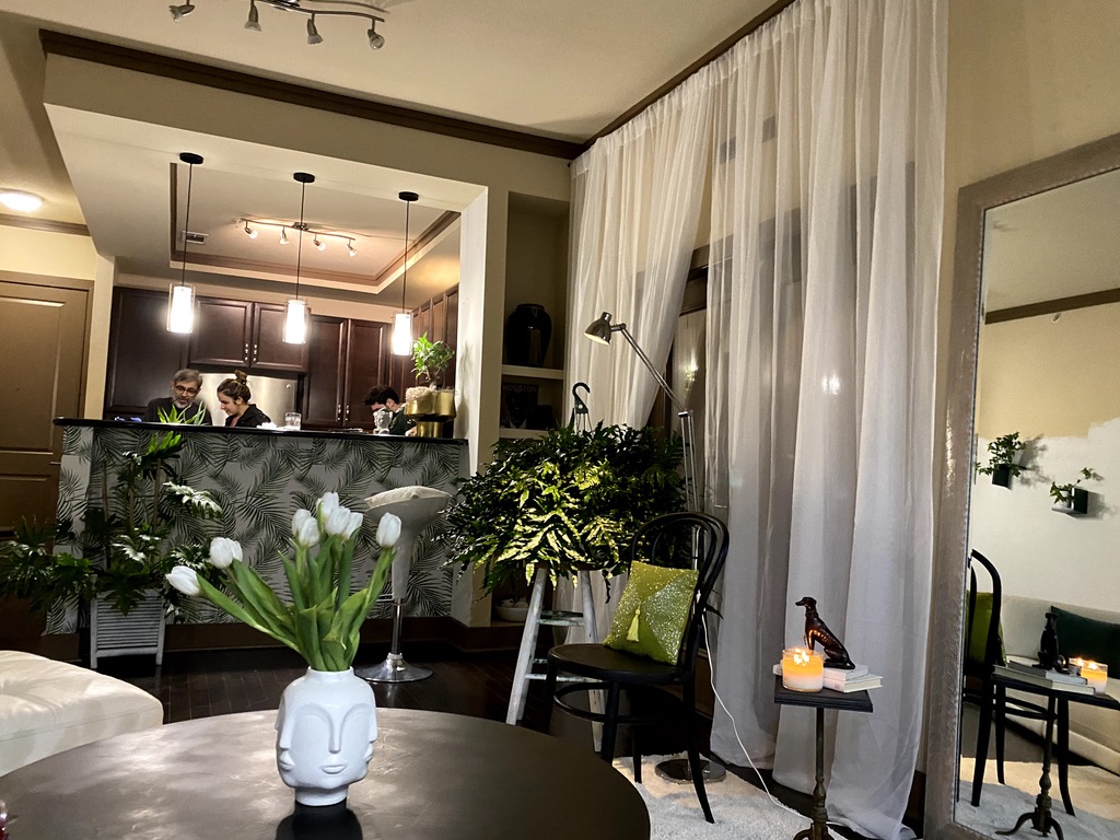 Interior corner with layered textures and warm ambient glow