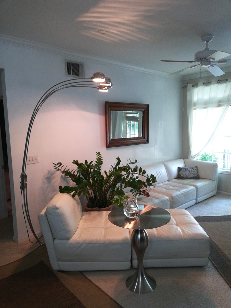 Living space with sheer curtains and a large potted tree anchoring the room